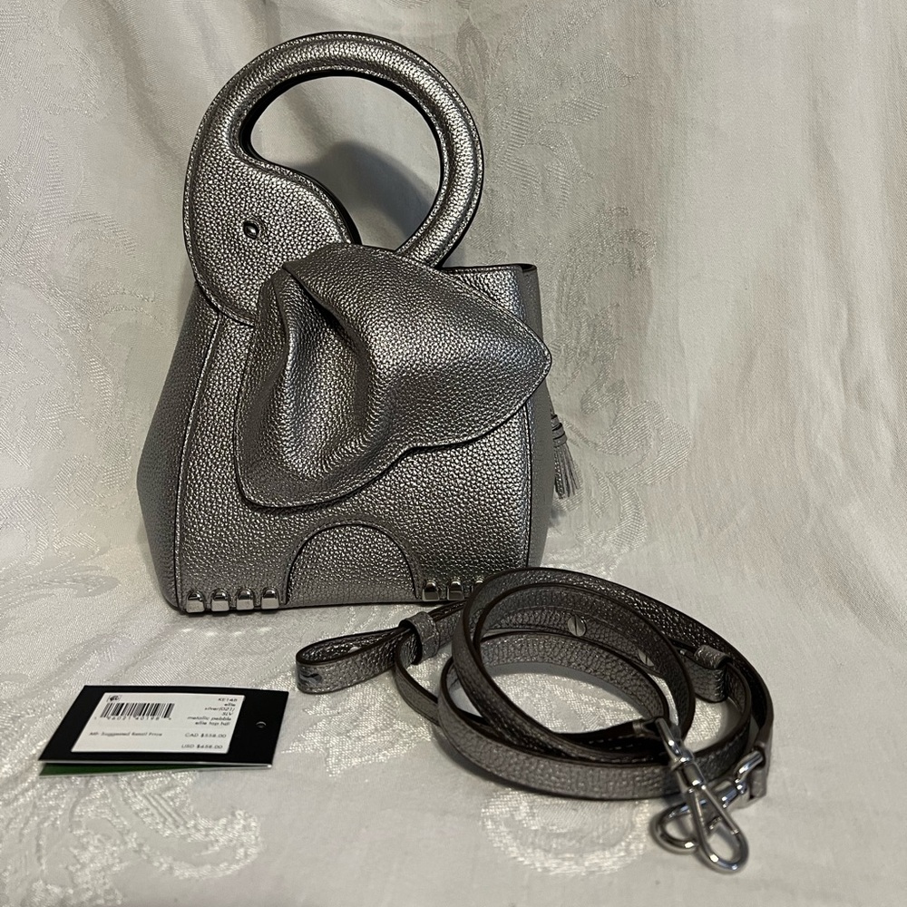Kate Spade silver metallic pebbled leather Ellie top handle elephant purse